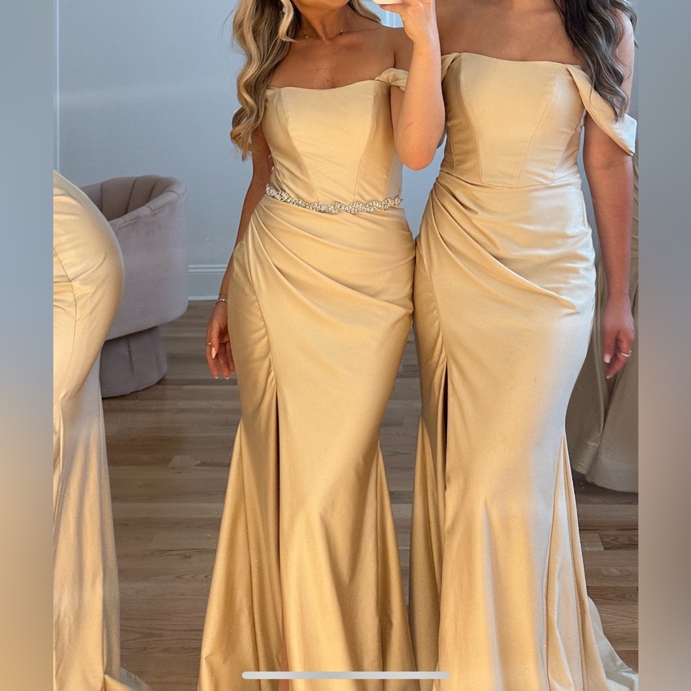 Elegant Champagne Evening Gown with Silver Belt
